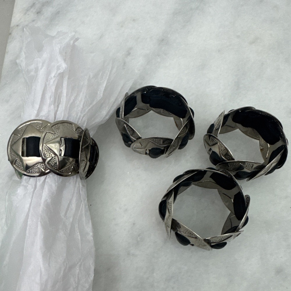 Western Leather Belt & Buckle Napkin Rings Black Silver Tone Set of 4